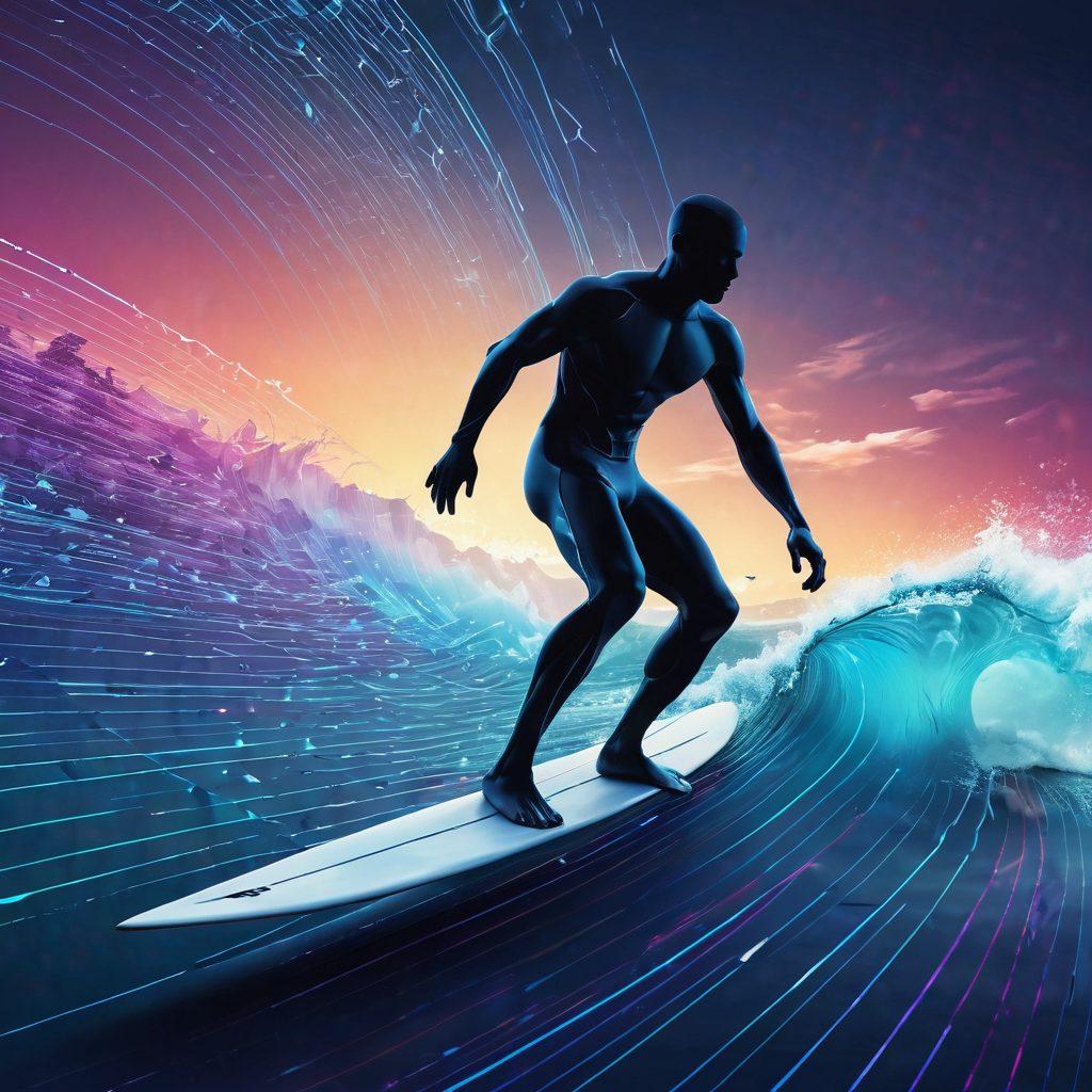 A sleek, futuristic digital landscape featuring a stylized surfer riding on a wave made of data streams, with speed indicators and performance metrics visualized in the background. There should be a sense of motion and energy, symbolizing fast internet speeds, combined with vibrant colors that evoke a sense of technology and innovation. The overall composition should be modern and stylish, appealing to tech enthusiasts. super-realistic. vibrant colors. 3D.